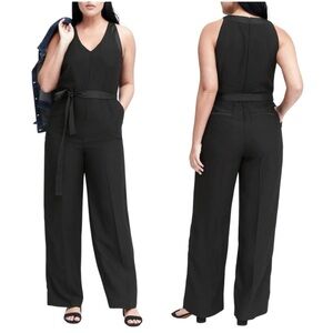 Banana Republic Jumpsuit Womens Size 14 Black Wide Leg Sleeveless V-Neck Crepe